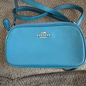 Coach Sadie Teal Turquoise Blue Leather Cross Body Clutch with Strap w/Wallet